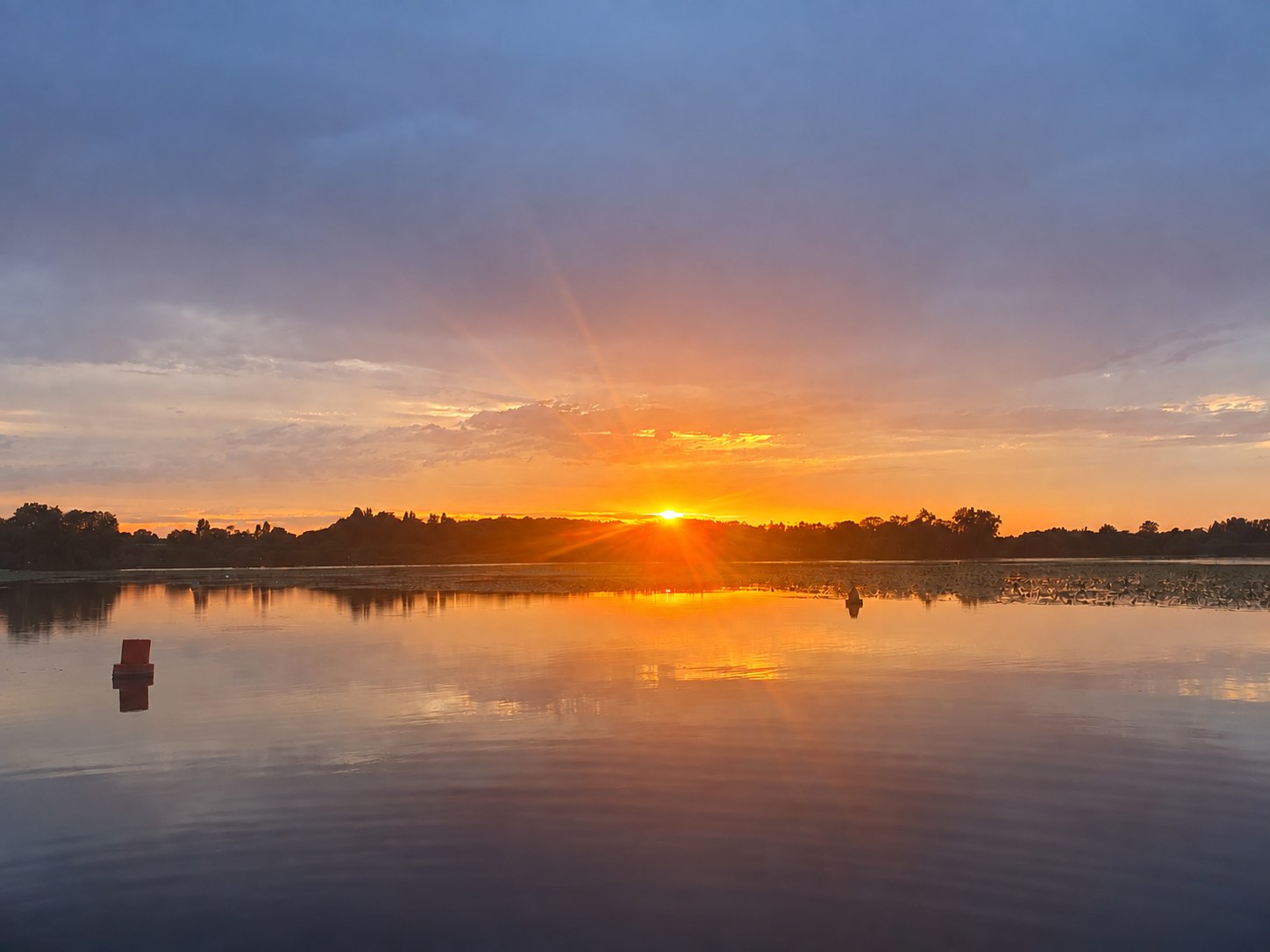 Sunset reflected in calm water beneath a tree lined horizon